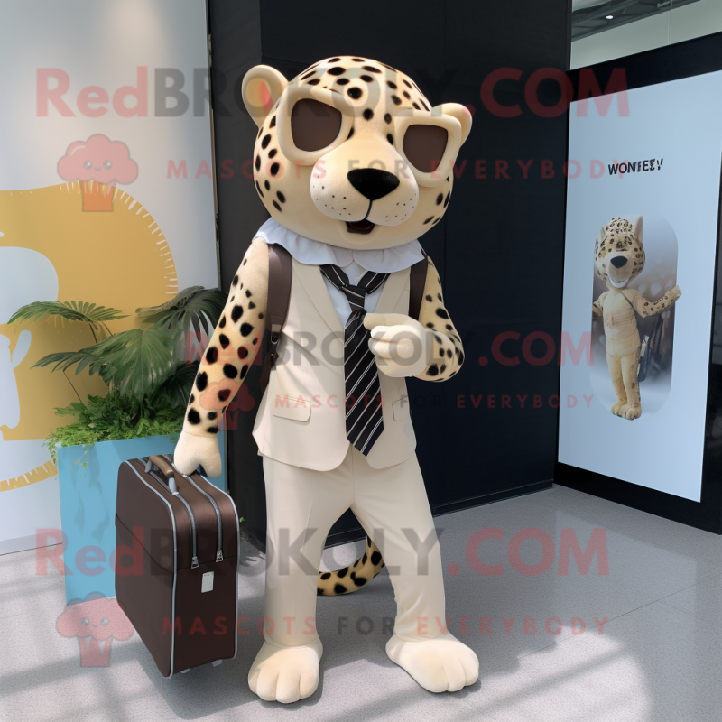 Beige Leopard mascot costume character dressed with a Blazer and Messenger bags Beige Leopard mascot costume character dressed with a Blazer and Messenger bags