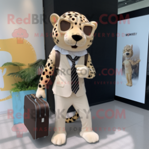 Beige Leopard mascot costume character dressed with a Blazer and Messenger bags