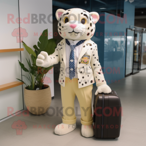 Beige Leopard mascot costume character dressed with a Blazer and Messenger bags