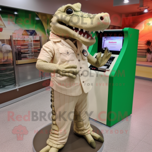 Beige Crocodile mascot costume character dressed with a Midi Dress and Lapel pins