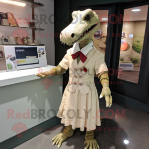 Beige Crocodile mascot costume character dressed with a Midi Dress and Lapel pins