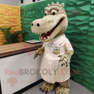 Beige Crocodile mascot costume character dressed with a Midi Dress and Lapel pins