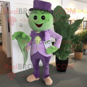 Lavender Spinach mascot costume character dressed with a Corduroy Pants and Tie pins