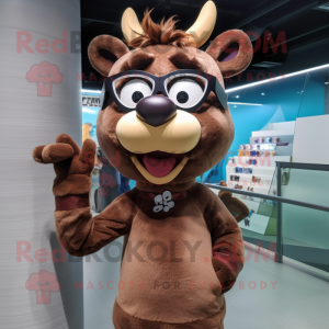 Brown Reindeer mascot costume character dressed with a Skirt and Sunglasses