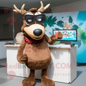 Brown Reindeer mascot costume character dressed with a Skirt and Sunglasses