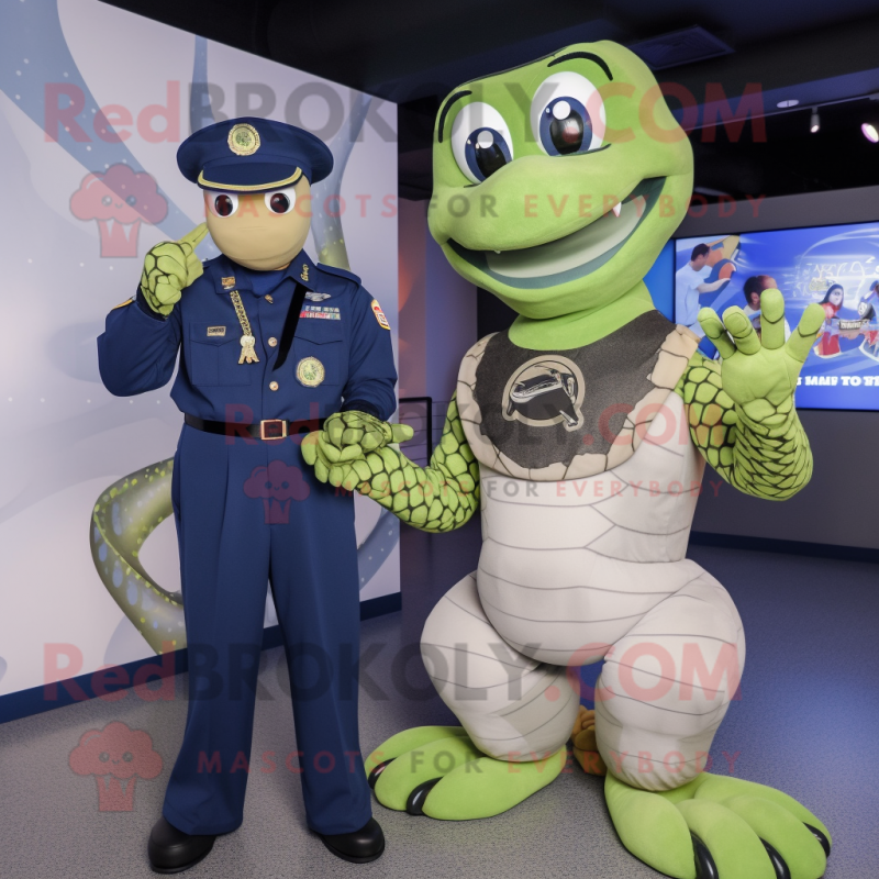 Navy Anaconda mascot costume character dressed with a Romper and Smartwatches