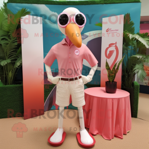 Cream Flamingo mascot costume character dressed with a Henley Shirt and Rings