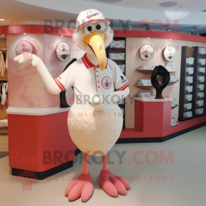 Cream Flamingo mascot costume character dressed with a Henley Shirt and Rings