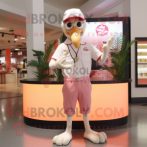 Cream Flamingo mascot costume character dressed with a Henley Shirt and Rings