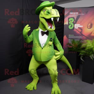Lime Green Parasaurolophus mascot costume character dressed with a Suit Pants and Caps