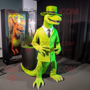 Lime Green Parasaurolophus mascot costume character dressed with a Suit Pants and Caps