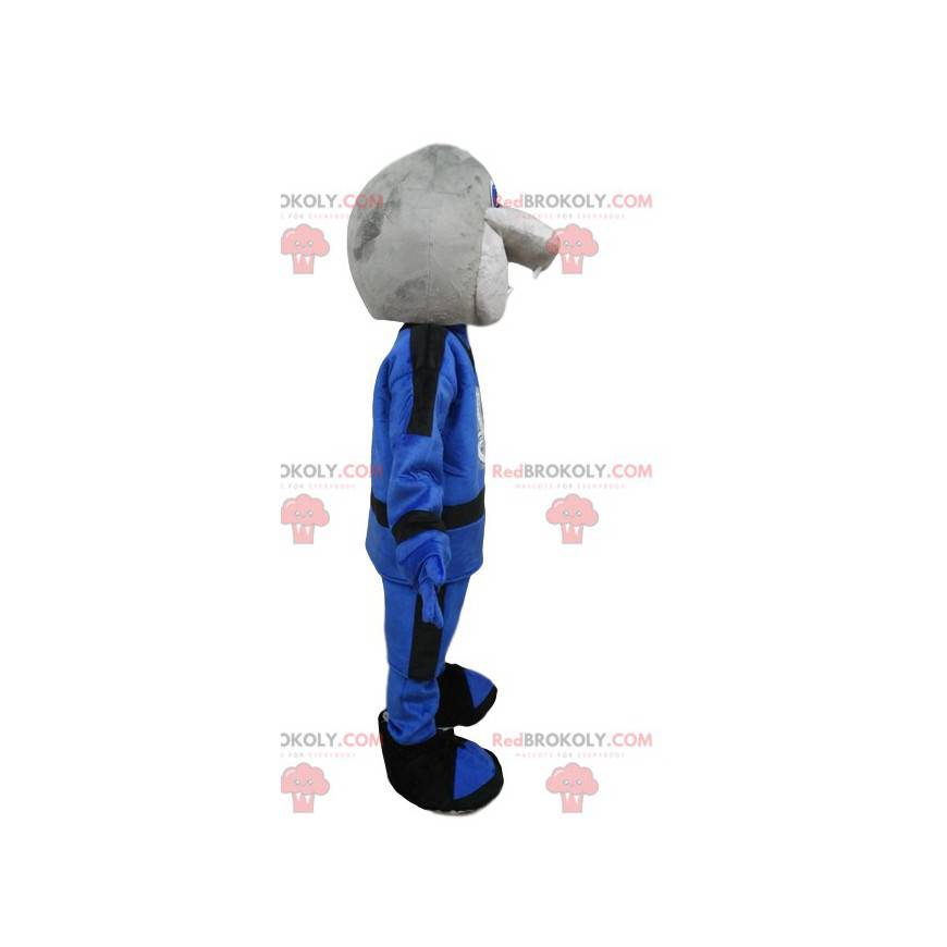 Mascota serpiente gris en traje azul. Disfraz de serpiente -