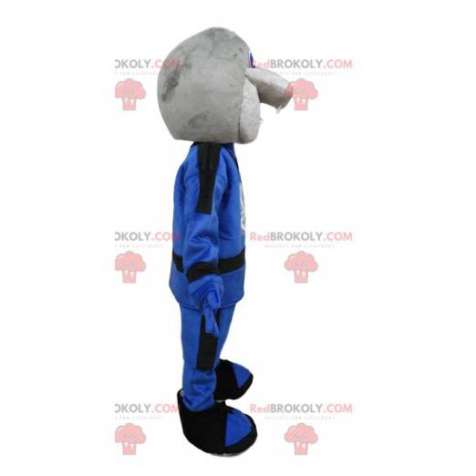 Gray snake mascot in blue outfit. Snake costume - Redbrokoly.com