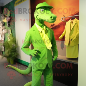 Lime Green Parasaurolophus mascot costume character dressed with a Suit Pants and Caps