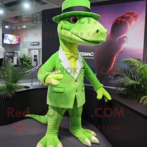 Lime Green Parasaurolophus mascot costume character dressed with a Suit Pants and Caps