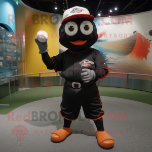 Black Goldfish mascot costume character dressed with a Baseball Tee and Eyeglasses