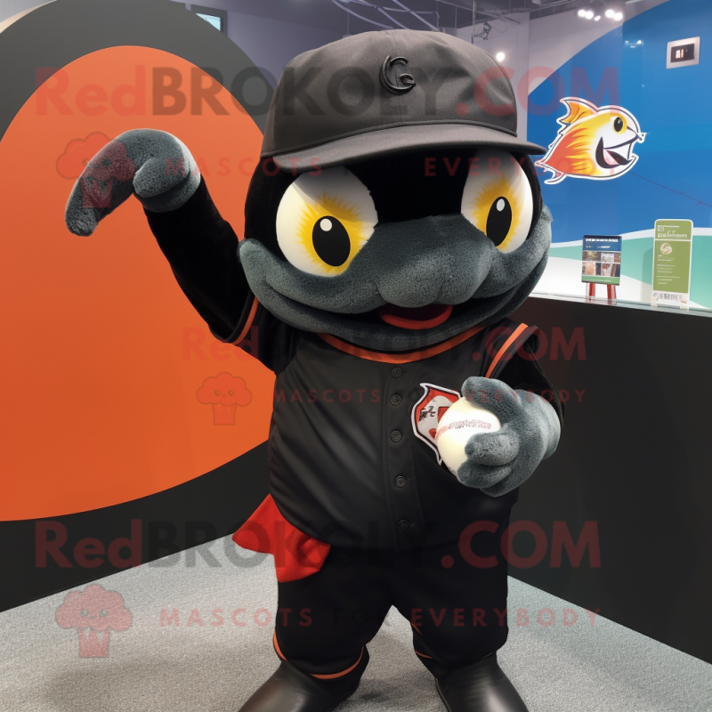 Black Goldfish mascot costume character dressed with a Baseball Tee and Eyeglasses Black Goldfish mascot costume character dressed with a Baseball Tee and Eyeglasses