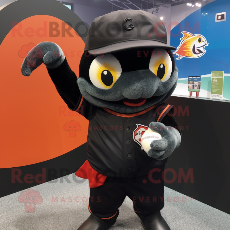 Black Goldfish mascot costume character dressed with a Baseball Tee and Eyeglasses