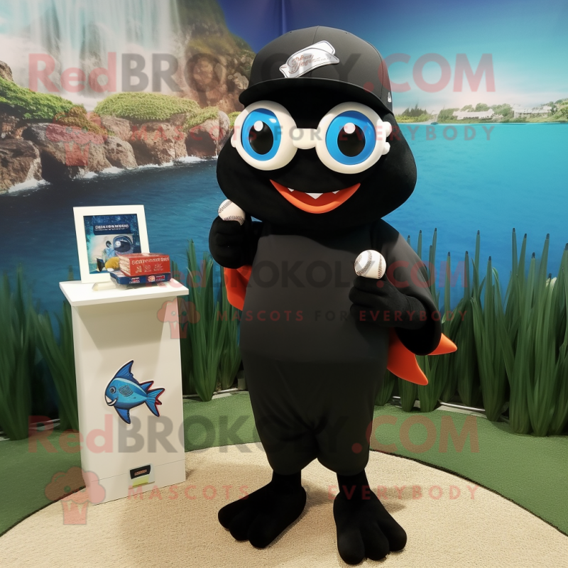Black Goldfish mascot costume character dressed with a Baseball Tee and Eyeglasses Black Goldfish mascot costume character dressed with a Baseball Tee and Eyeglasses