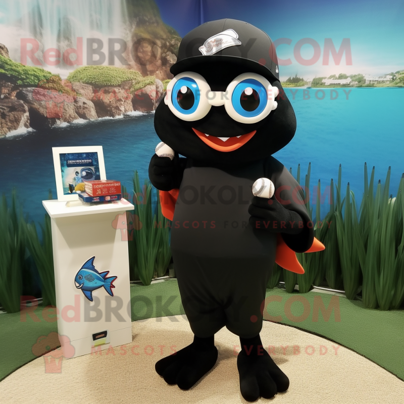 Black Goldfish mascot costume character dressed with a Baseball Tee and Eyeglasses