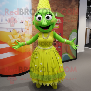 Lime Green Tikka Masala mascot costume character dressed with a Mini Skirt and Anklets