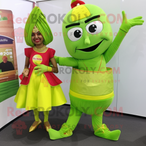 Lime Green Tikka Masala mascot costume character dressed with a Mini Skirt and Anklets