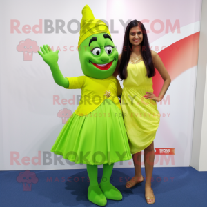 Lime Green Tikka Masala mascot costume character dressed with a Mini Skirt and Anklets