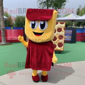 Maroon Grilled Cheese Sandwich mascot costume character dressed with a Wrap Dress and Keychains