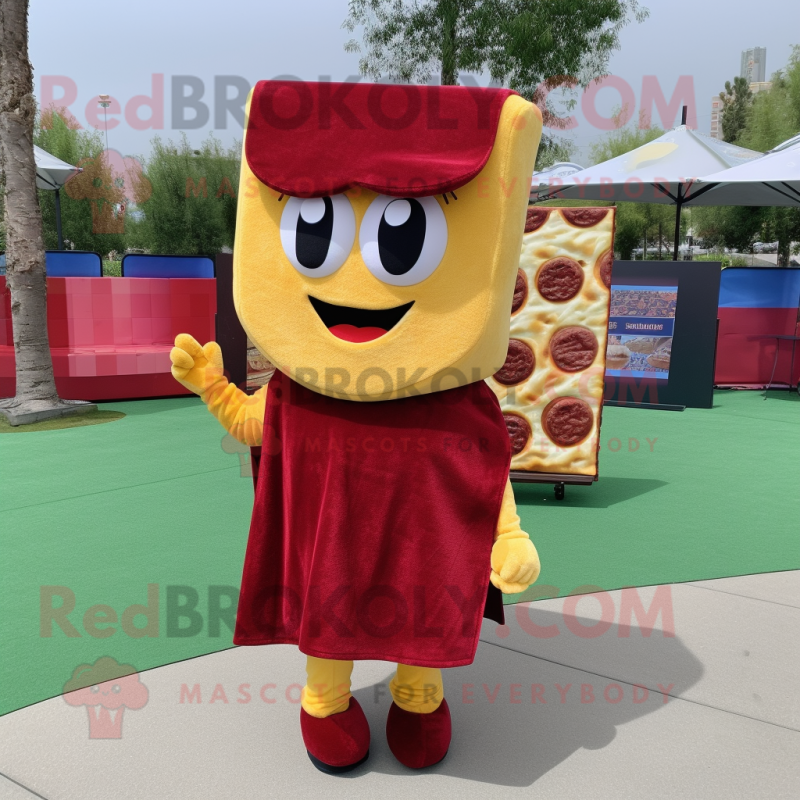 Maroon Grilled Cheese Sandwich mascot costume character dressed with a Wrap Dress and Keychains Maroon Grilled Cheese Sandwich mascot costume character dressed with a Wrap Dress and Keychains