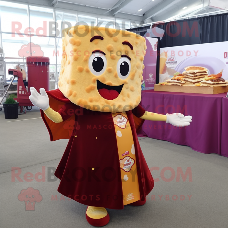 Maroon Grilled Cheese Sandwich mascot costume character dressed with a Wrap Dress and Keychains Maroon Grilled Cheese Sandwich mascot costume character dressed with a Wrap Dress and Keychains