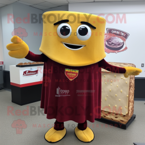Maroon Grilled Cheese Sandwich mascot costume character dressed with a Wrap Dress and Keychains