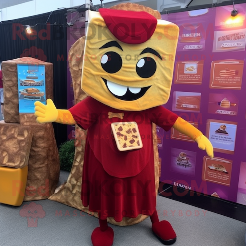 Maroon Grilled Cheese Sandwich mascot costume character dressed with a Wrap Dress and Keychains Maroon Grilled Cheese Sandwich mascot costume character dressed with a Wrap Dress and Keychains