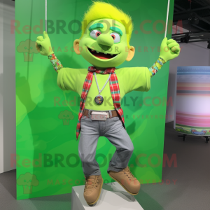 Lime Green Trapeze Artist mascot costume character dressed with a Flannel Shirt and Necklaces