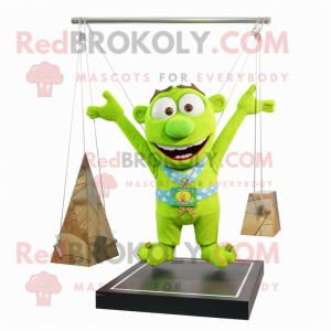 Lime Green Trapeze Artist mascot costume character dressed with a Flannel Shirt and Necklaces