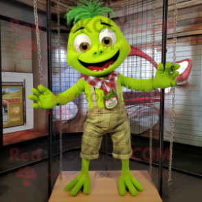 Lime Green Trapeze Artist mascot costume character dressed with a Flannel Shirt and Necklaces