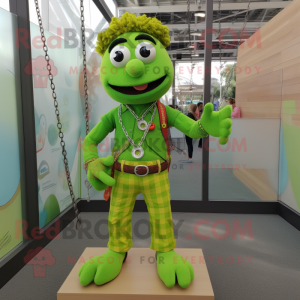 Lime Green Trapeze Artist mascot costume character dressed with a Flannel Shirt and Necklaces