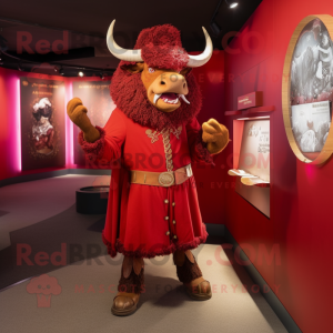 Red Minotaur mascot costume character dressed with a Coat and Hat pins