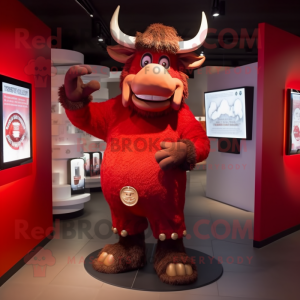 Red Minotaur mascot costume character dressed with a Coat and Hat pins