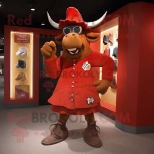 Red Minotaur mascot costume character dressed with a Coat and Hat pins