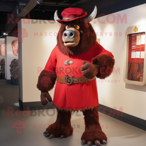 Red Minotaur mascot costume character dressed with a Coat and Hat pins