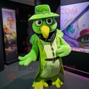 Lime Green Falcon mascot costume character dressed with a Maxi Skirt and Hat pins