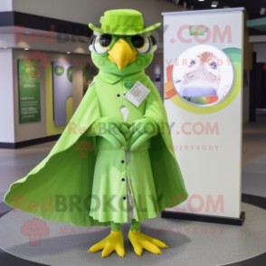 Lime Green Falcon mascot costume character dressed with a Maxi Skirt and Hat pins