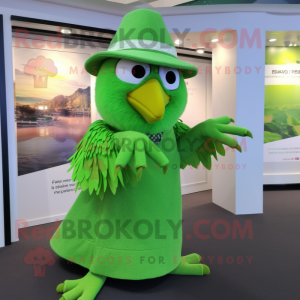 Lime Green Falcon mascot costume character dressed with a Maxi Skirt and Hat pins