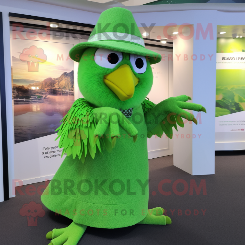 Lime Green Falcon mascot costume character dressed with a Maxi Skirt and Hat pins Lime Green Falcon mascot costume character dressed with a Maxi Skirt and Hat pins