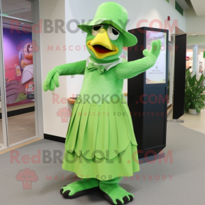 Lime Green Falcon mascot costume character dressed with a Maxi Skirt and Hat pins