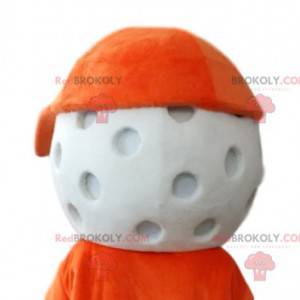 Cabeza de mascota de pelota de golf con gorra naranja. -