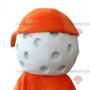 Tête de mascotte de balle de golf avec une casquette orange. -