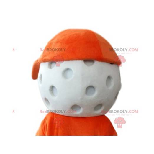 Cabeza de mascota de pelota de golf con gorra naranja. -