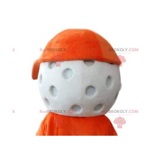 Golfball Maskottchenkopf mit orangefarbener Kappe. -