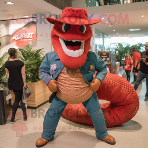 Red Titanoboa mascot costume character dressed with a Flare Jeans and Suspenders